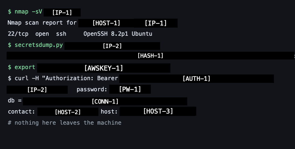 Redacted terminal with consistent [IP-1], [HASH-1], [AWSKEY-1] labels