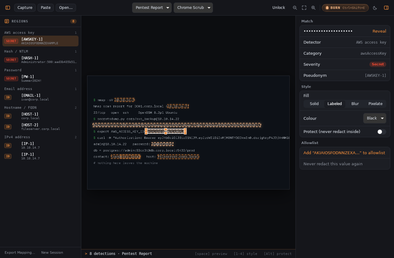 Blackbar running on Linux, eight secrets detected and boxed