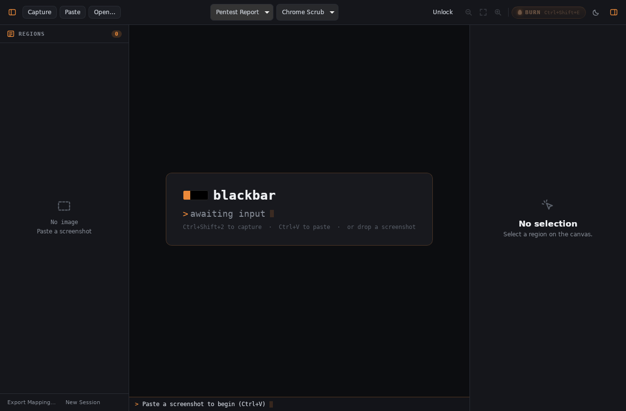 Blackbar toolbar with the Capture button — capture a region, paste, open, or drop a file in